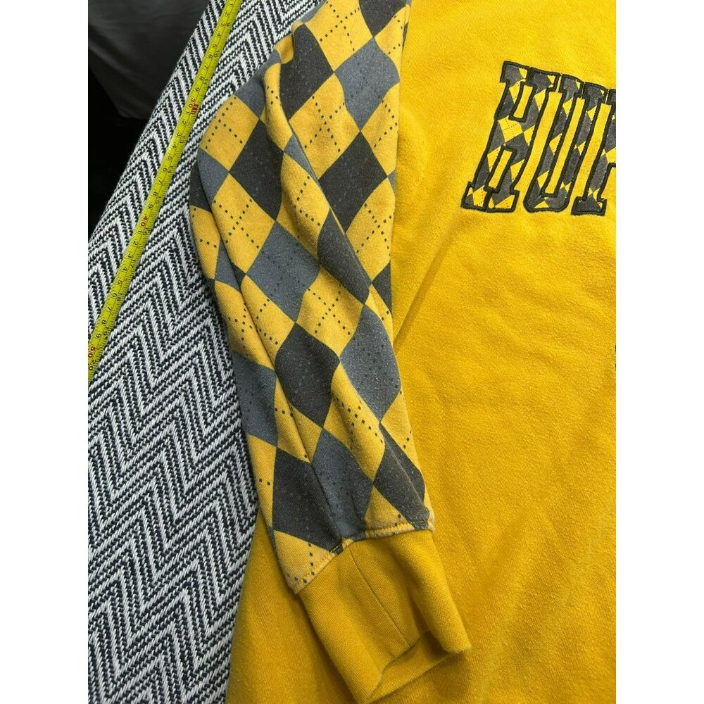 Harry Potter Hufflepuff Crewneck Sweatshirt LG Yellow & Gray Checkered Sleeves - Picture 5 of 5